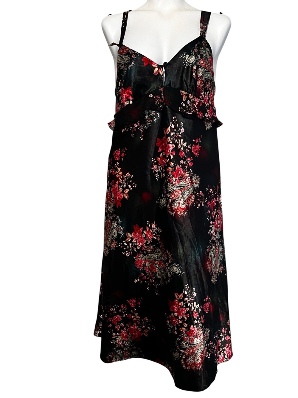 Enchanting Black Satin Night Gown with Red Floral Paisley Print
